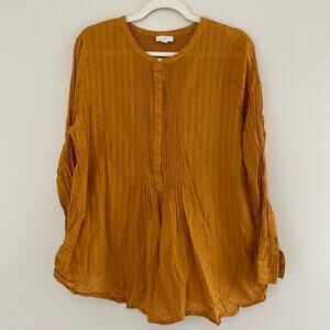 J Jill Size L Mustard Yellow Dot Top Long Sleeves Blouse 100% Cotton Lightweight